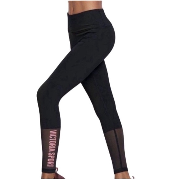 Victoria Secret Sport knockout leggings, black & pink logo, mesh bottom. Medium - Picture 2 of 9